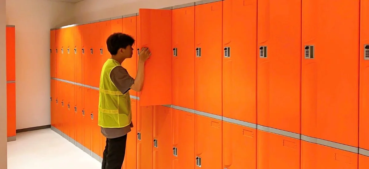 Nhân viên kiểm tra tủ locker trước khi bàn giao dự án